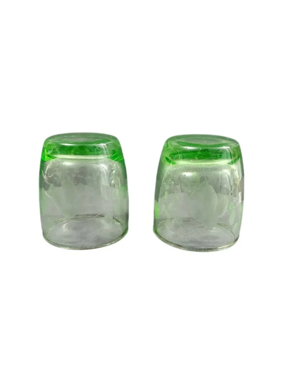 2 Vintage Uranium Vaseline Glass Shot Glasses Wheel Cut Etched Floral Glows 2